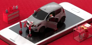 Carro sendo lavado a seco em cima de uma tela de celular. Representação do serviço automotivo de lavagem a seco em carros.