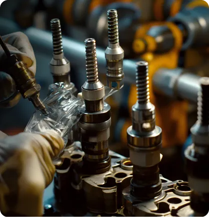 Bicos injetores de um carro sendo limpos durante o serviço automotivo de limpeza do bico injetor.