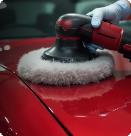 Carro vermelho sendo polido durante o serviço automotivo de polimento automotivo por um prestador de serviços que usa luva azul.