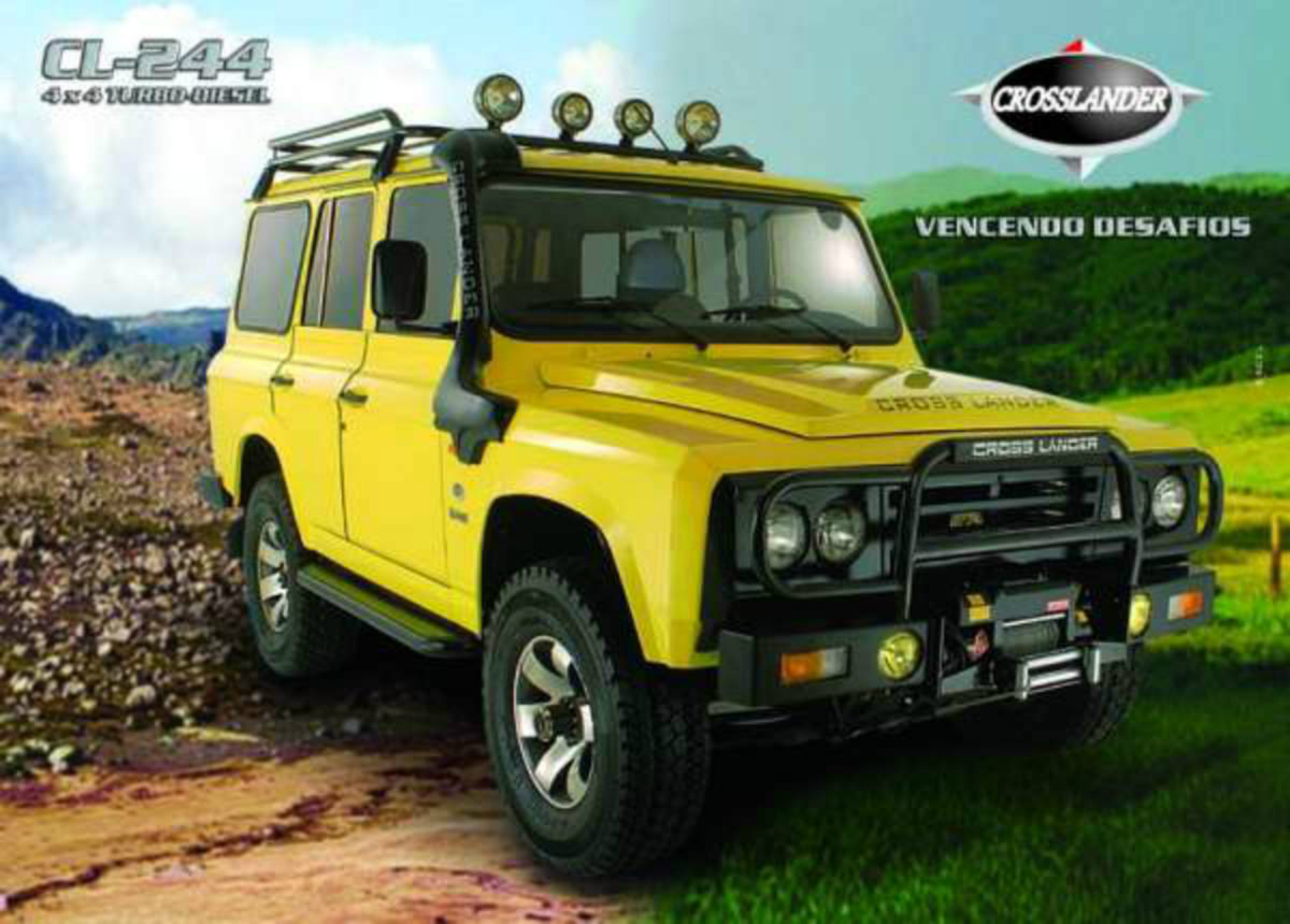 Peça publicitária da Cross Lander com um jipe amarelo com traços bastante quadradões, faróis redondos, quebra-mato e faróis de milha no teto