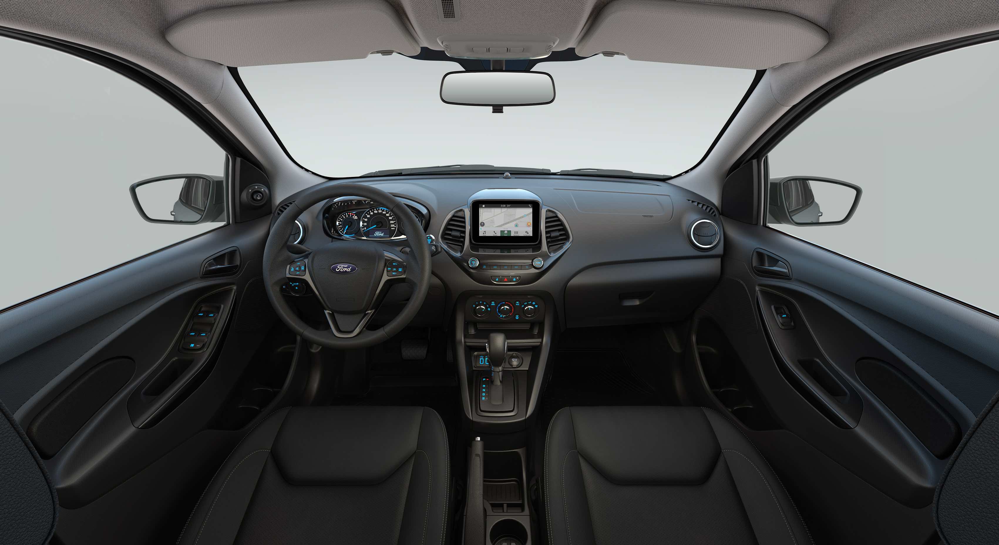 Interior da versão de topo Titanium, que tem bancos de couro, partida do motor por botão e central Sync 3