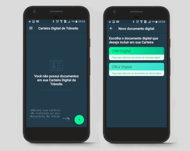 Imagem mostra dois celulares com o aplicativo Carteira Digital de Trânsito na tela: uma com o CRLV eletrônico e a outra com a CNH digital