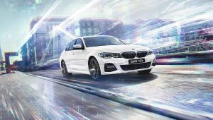 BMW Série 3 na cor branca em um fundo virtual multicolorido e futurista