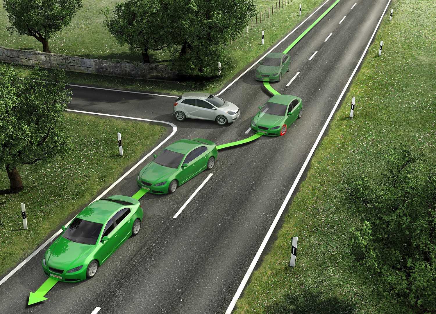 Projeção mostra omo Funciona O Controle De Estabilidade Esp Da Bosch, com um carro vindo em uma estrada principal e desviando repentinamente d eum outro carro que avançou o cruzamento