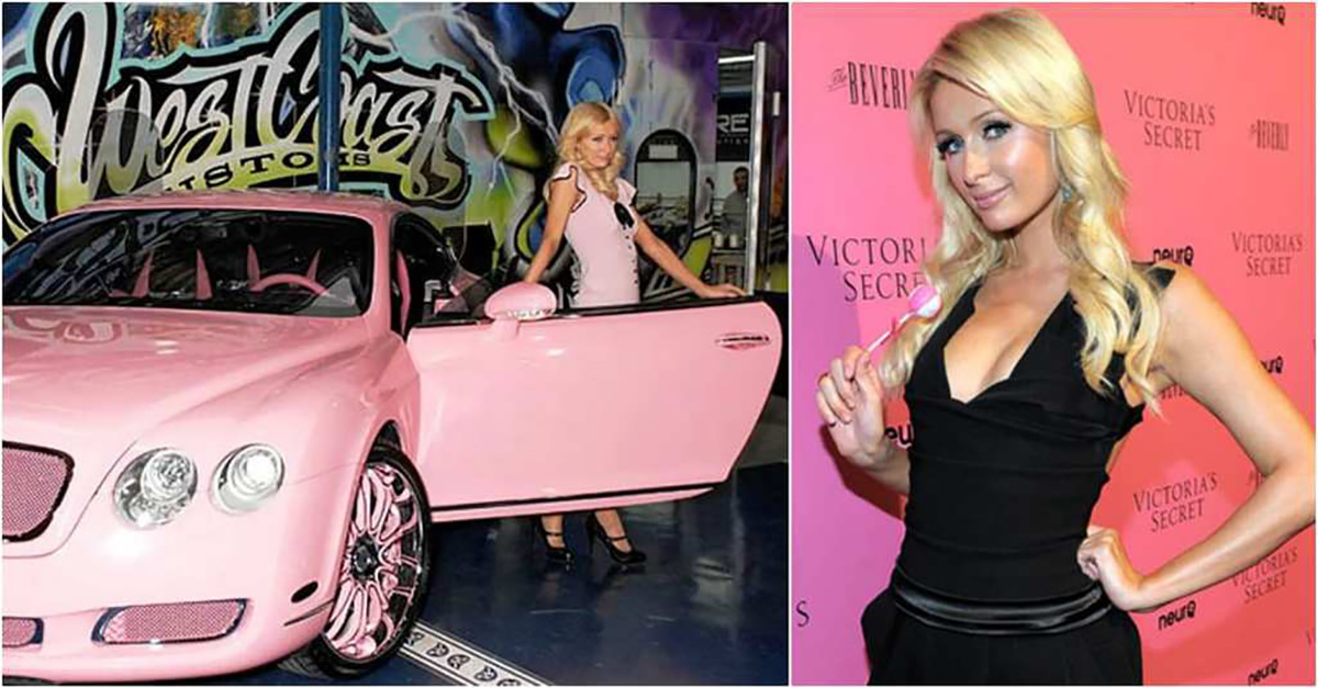 montagem mostra a socialite Paris Hilton com seu Bentley Continental rosa