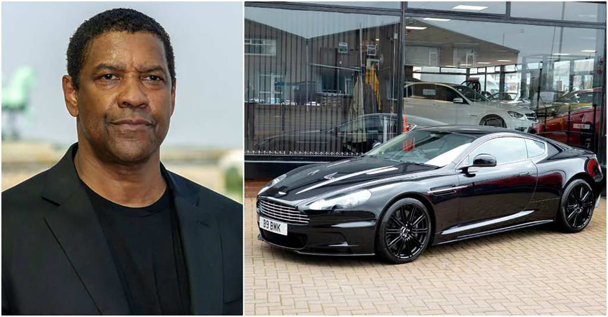 Imagem mostra Denzel Washington com seu Aston Martin Dbs