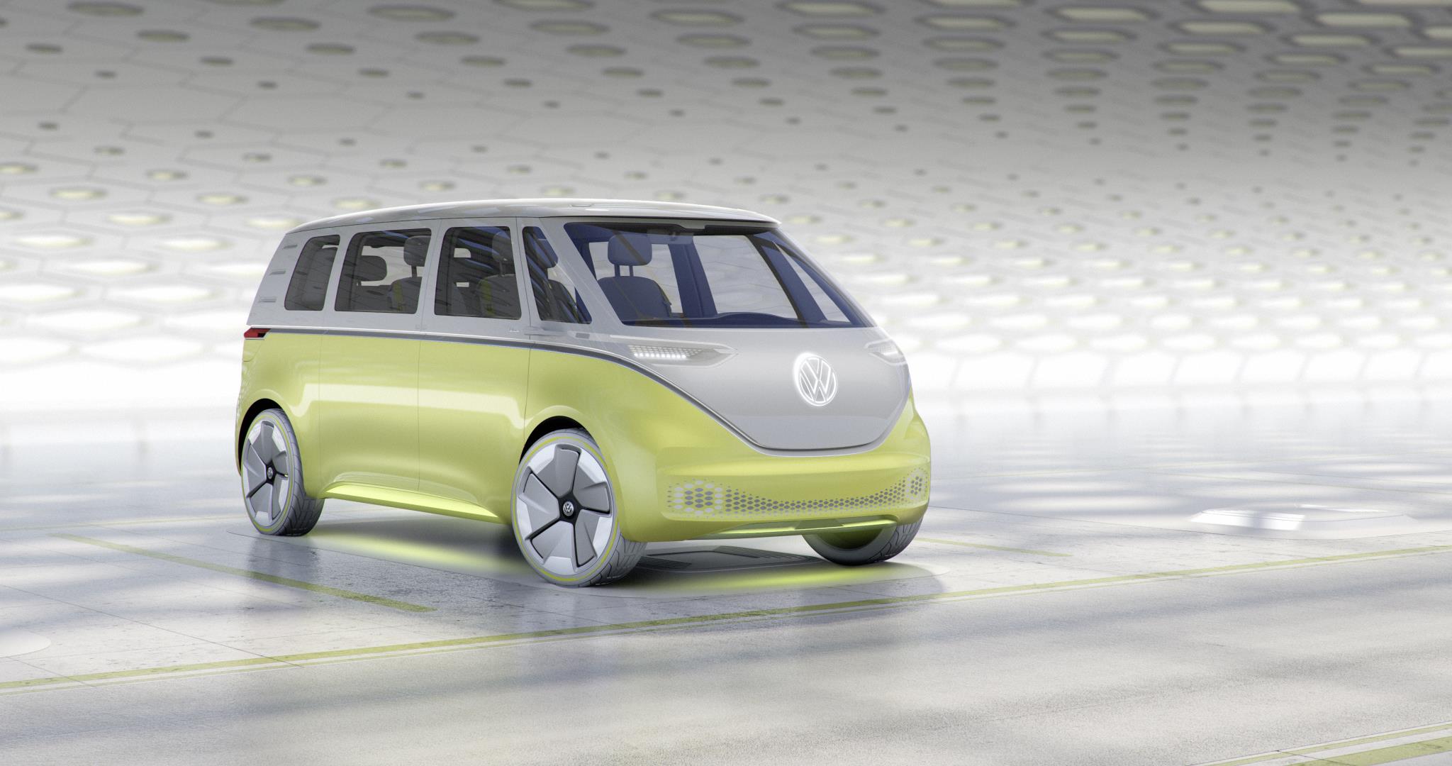 Volkswagen Id. Buzz Concept lembra uma Kombi Futurista com frente em curva e pintura saia e blusa branca em cima e amarela clara em baixo