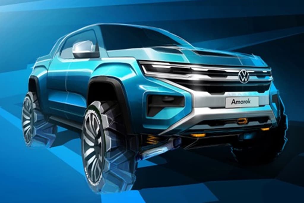 Esboço mostra a nova Volkswagen Amarok com traços mais retlíneos e grade integrada aos faróis
