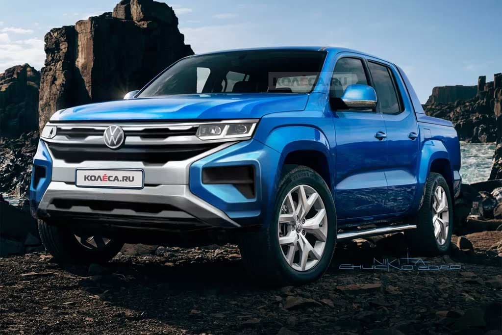 Projeção mostra uma picape Amarok azul com grade retilínea integrando os faróis