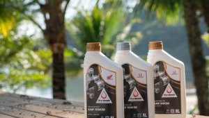 Imagem mostra em primeiro plano três embalagens do Óleo Pro Honda e ao fundo uma lagoa e árvores