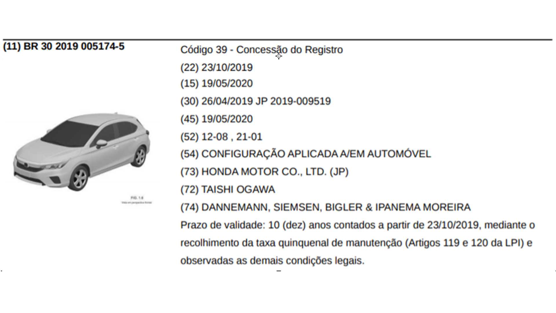  Honda City hatch já tem registro no INPI (Instituto Nacional da Propriedade Industrial)