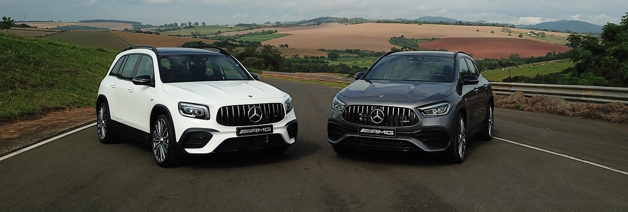  Mercedes Benz AMG GLA (dir.) é um pouco mais ligeiro que o GLB (esq.), que tem sete lugares