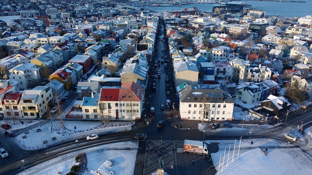 Aerials Shot Of The Town Of Skolavordustigur In Reykjavik, Iceland During Winter