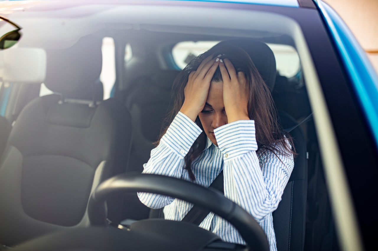 Stressed Woman Drive Car Feeling Sad And Angry. Girl Tired, Fati