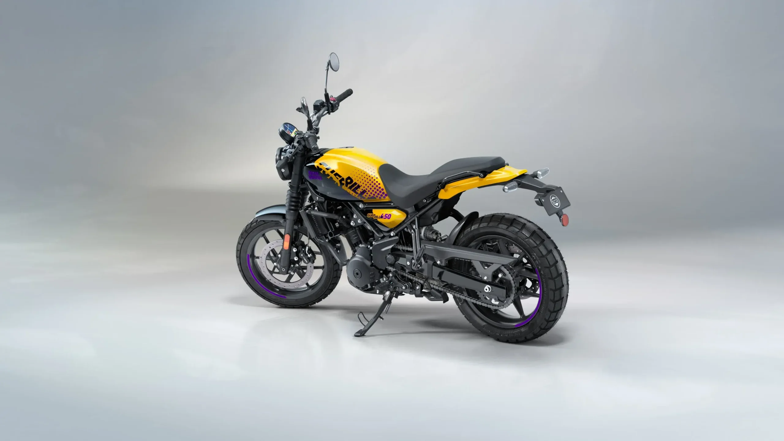 A Royal Enfield Guerrilla 450 também será vendida nesa combinação de cores amarela e roxa - é chamada de Yellow Ribbon