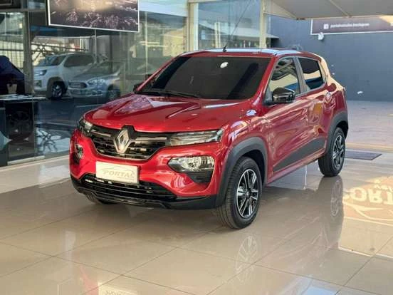 Renault Kwid vermelho, disponível por até 65 mil reais, compacto e econômico com design moderno.
