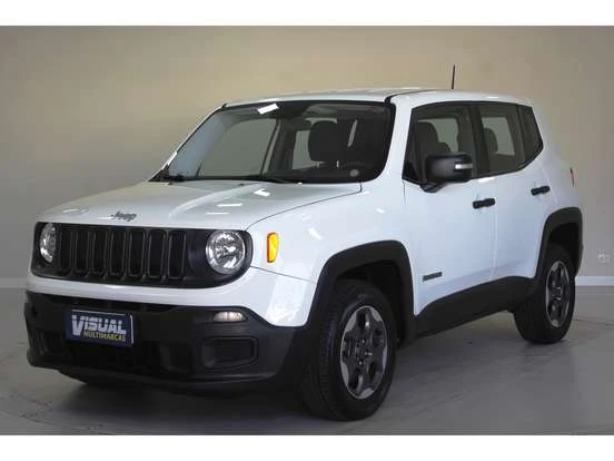 Jeep Renegade branco em ambiente interno, destaque para seu design compacto e robusto, ideal para quem busca um SUV acessível até 80 mil reais.