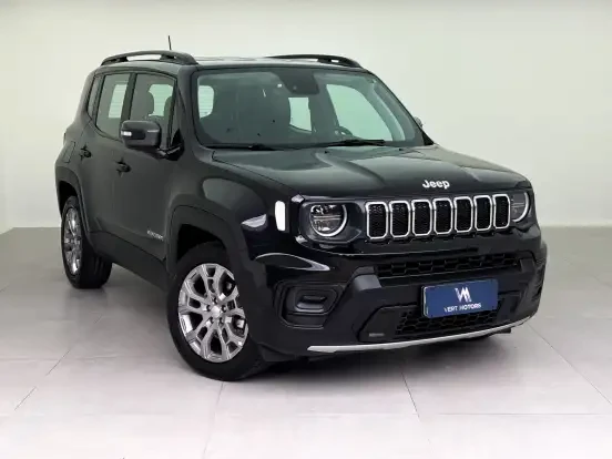 Jeep Renegade preto, novo, com design robusto e moderno, apresentado na concessionária. Perfeito para quem busca um SUV compacto com preço até 130 mil reais.