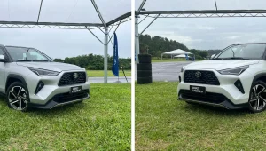 Toyota Yaris Cross XRX, híbrido (cinza) e 1.5 flex (branco), lado a lado