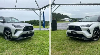 Toyota Yaris Cross XRX, híbrido (cinza) e 1.5 flex (branco), lado a lado