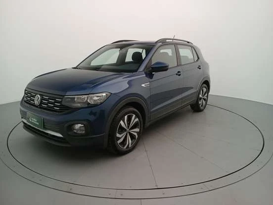 Imagem do Volkswagen T-Cross na cor azul, destaque para seu design moderno, com detalhes em preto e rodas de estilo esportivo, ideal para quem busca SUV compacto até 170 mil reais.